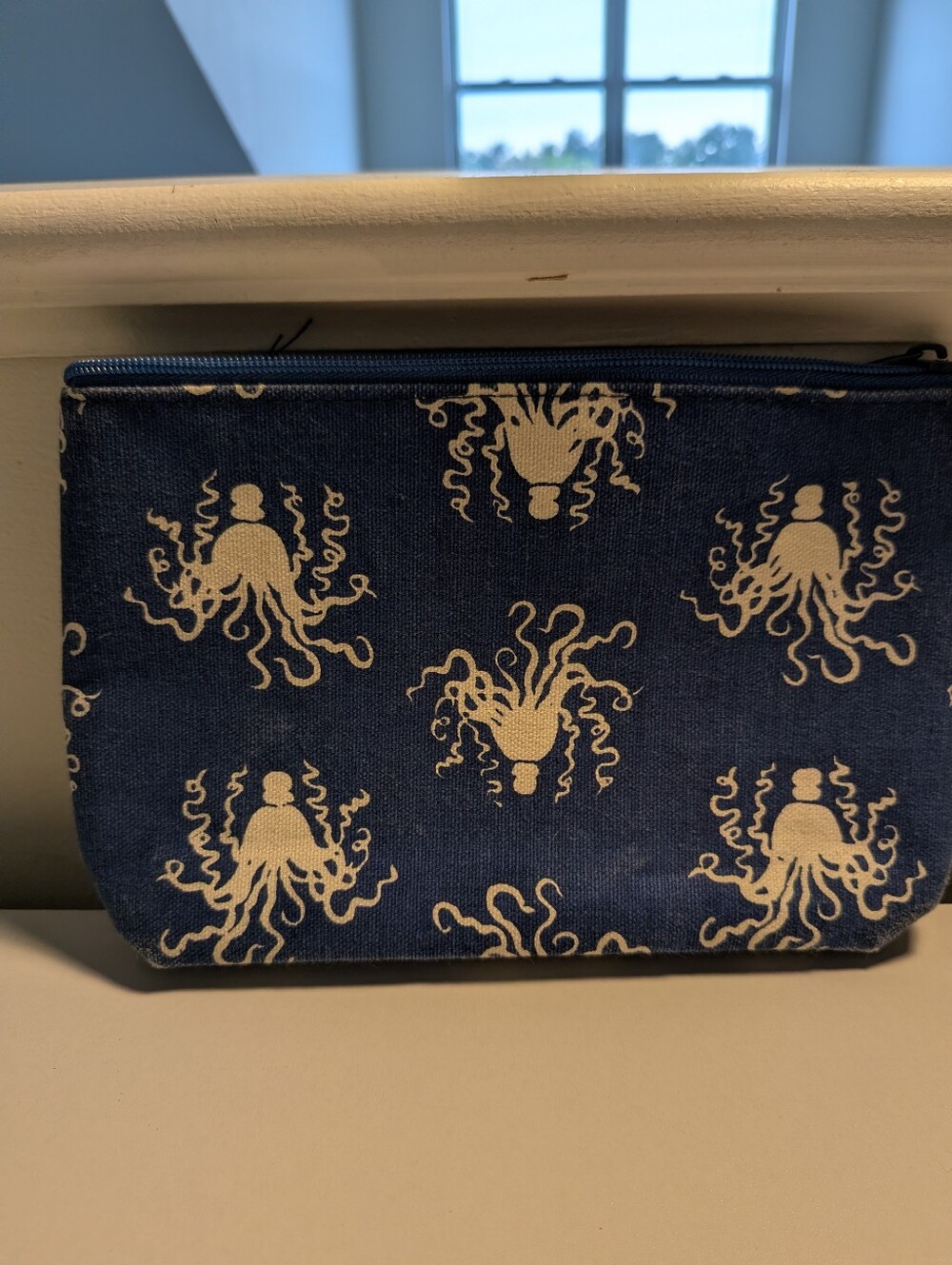 Vintage Blue Canvas Octopus Print Zipper Cosmetic Pouch Travel Makeup Bag